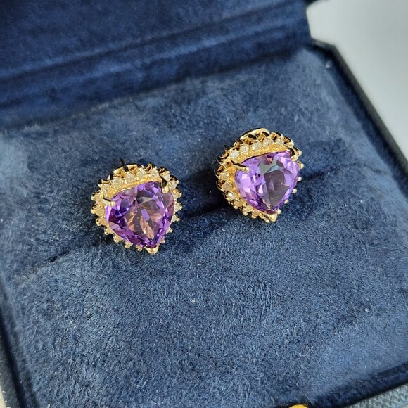 Vtg 80's 4.69g 14K Gold Natural Amethyst & Diamond Omega Back Earrings - Picture 2 of 15